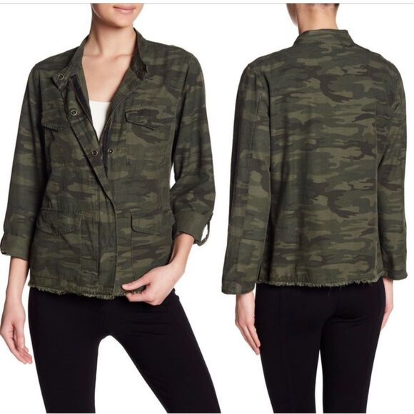 Sanctuary Jackets & Blazers - Sanctuary Fray Hem Utility Jacket Green Camo Cotton Canvas Snap Front Military M